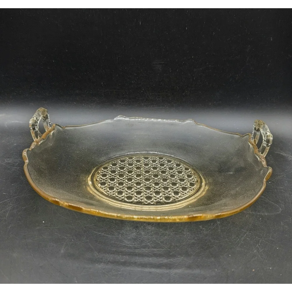 Lancaster Glass Yellow Topaz  Depression Glass Serving Tray Handled Platter 10